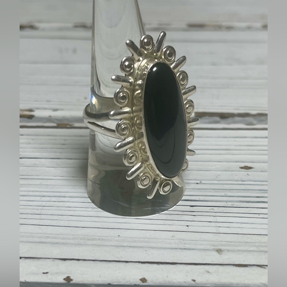 Sterling Silver Black Onyx Oval Sunburst Ring